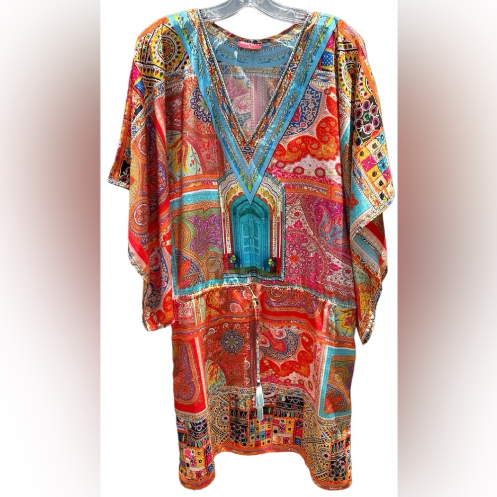 RUBY YAYA Rhinestones Unique Kimono Kaftan Short Boho Hippie Resort Dress Size S